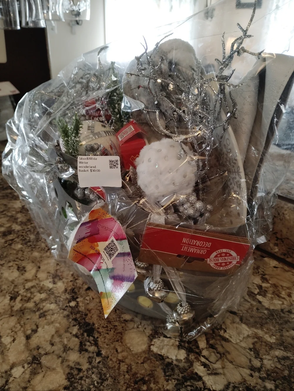 Silver and white festive Christmas holiday themed gift basket